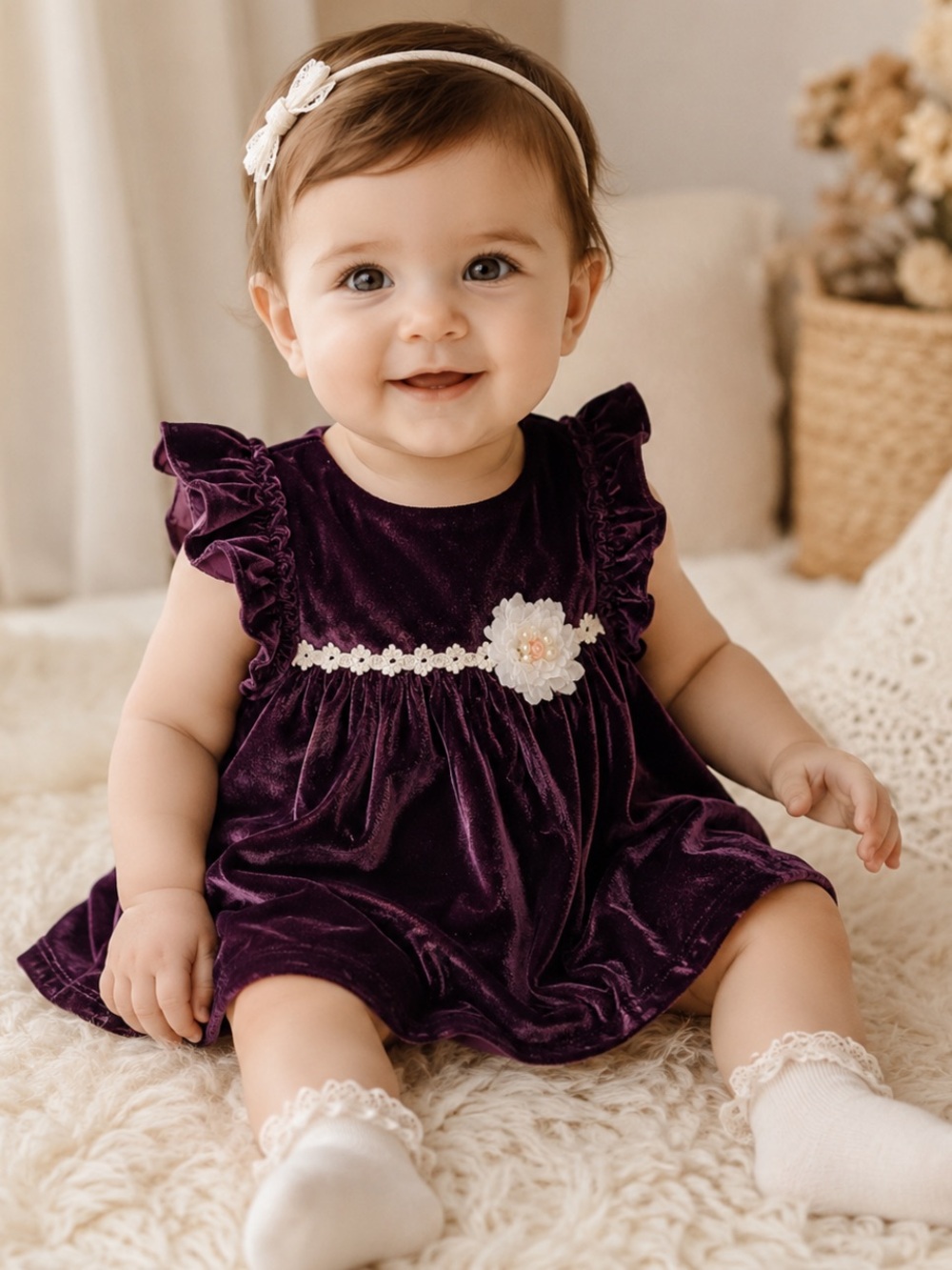 Marmellata Purple Velvet Baby Girl Dress 18M Floral Applique Holiday Party